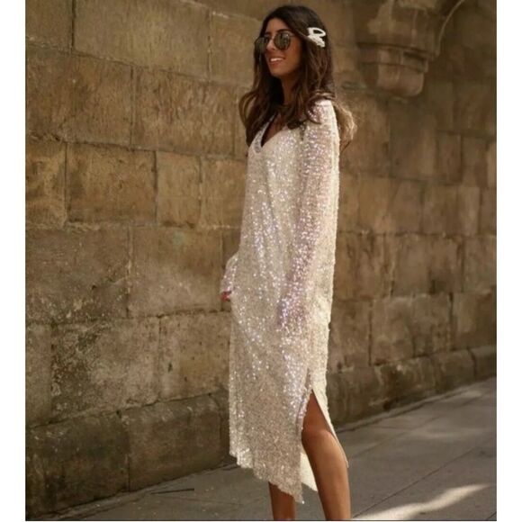 Zara Ecru Sequin Dress Size M / NWT - Picture 1 of 8